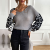 V-Neck Knit Sweater With Leopard Print Sleeves