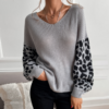 V-Neck Knit Sweater With Leopard Print Sleeves
