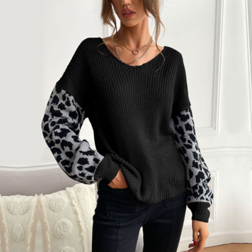 V-Neck Knit Sweater With Leopard Print Sleeves