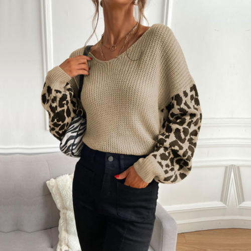 V-Neck Knit Sweater With Leopard Print Sleeves
