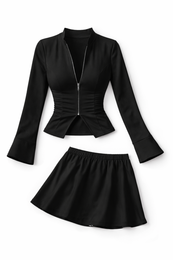 V-Neck Zip Top Mini Skirt Set