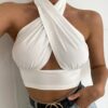 White Cross Front Halter Crop Top