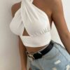 White Cross Front Halter Crop Top