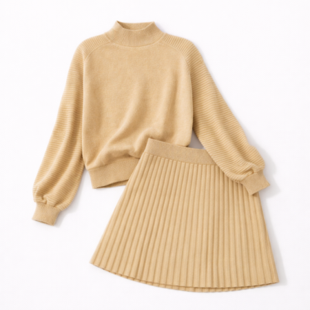 High-Neck Knit Sweater Pleated Mini Skirt Set