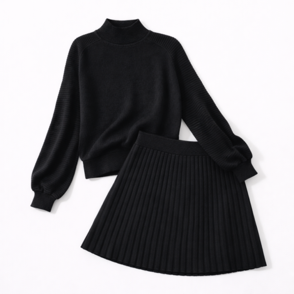 4f7d24e3-0b61-4170-b293-14905b6e4c13 High-Neck Knit Sweater Pleated Mini Skirt Set