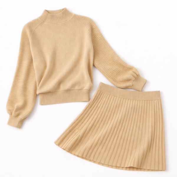 53e51206-cb4f-4373-ab6e-28d341faf180 High-Neck Knit Sweater Pleated Mini Skirt Set